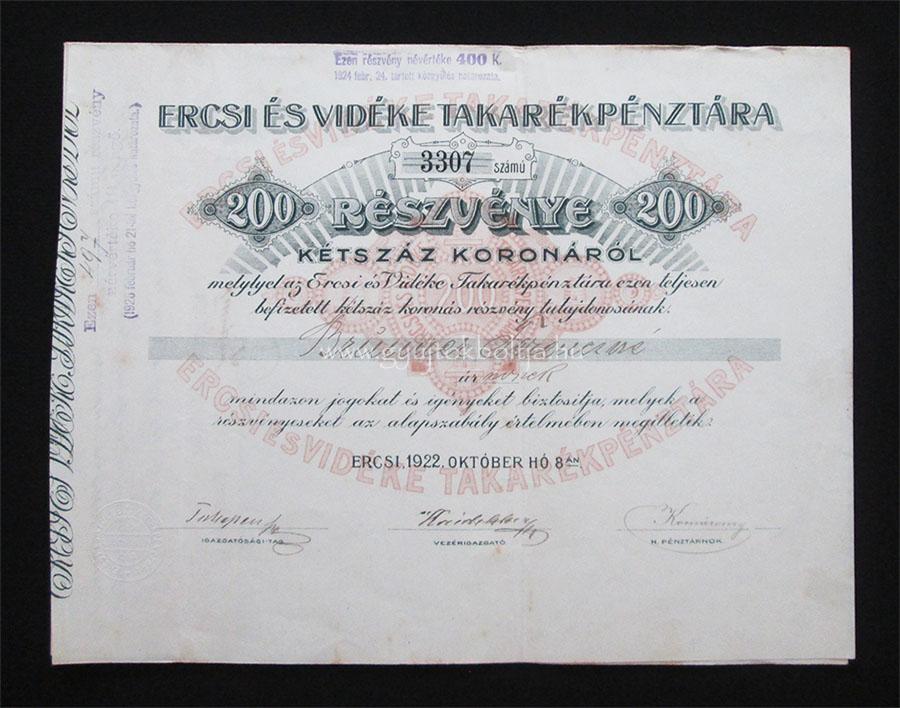 Ercsi s Vidke Takarkpnztra rszvny 200 korona 1922